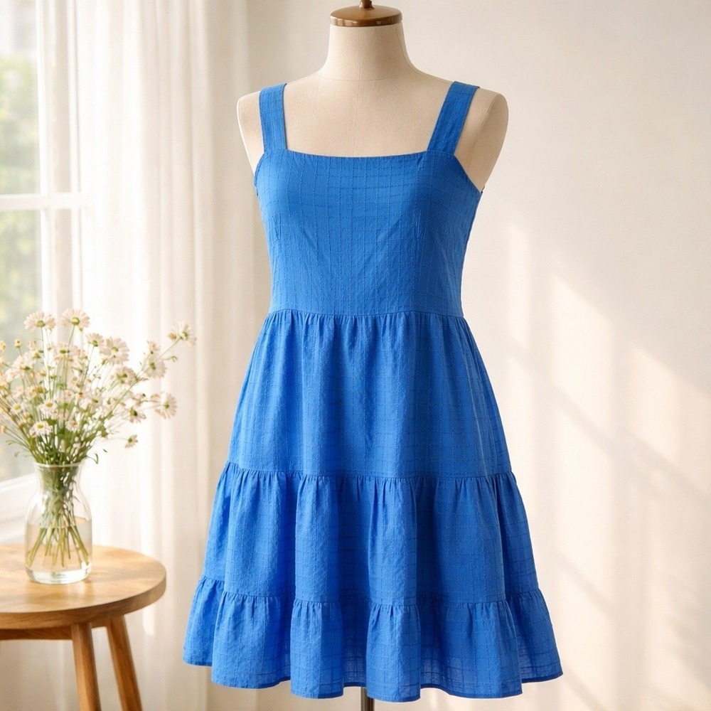 Maggy London 18 Denim Blue Eyelet Tiered Square Neck Midi Dress 1X NWT $148